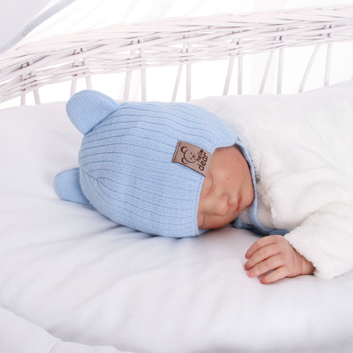 Czapka jesienna, wiosenna dla chłopca, niebieska, wiązana Gomit