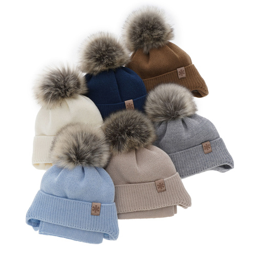 Czapka i szalik dla chłopca zimowy komplet, niebieski, z pomponem, z wełną merino Rafael