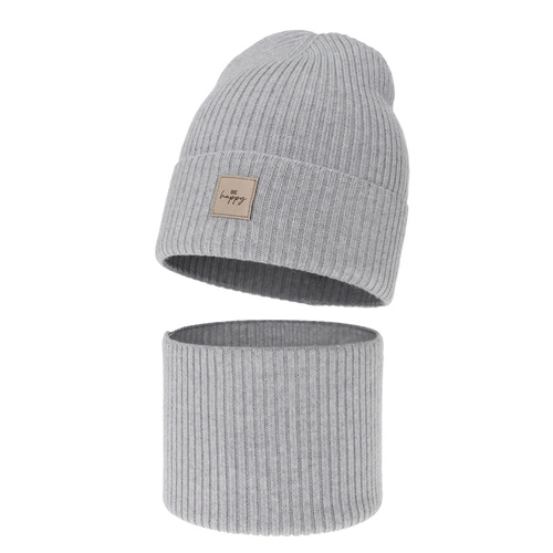 Czapka i komin dla dziewczynki, jesienny, wiosenny komplet, szary, 100% wełniany merino, Vanita