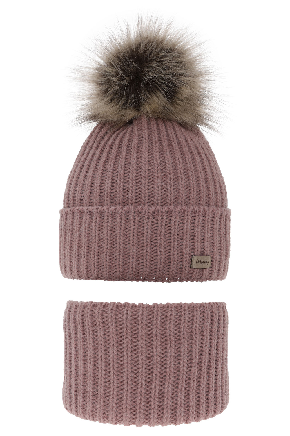 Czapka i komin dla dziewczynki zimowy komplet, wrzosowy, z pomponem Willow