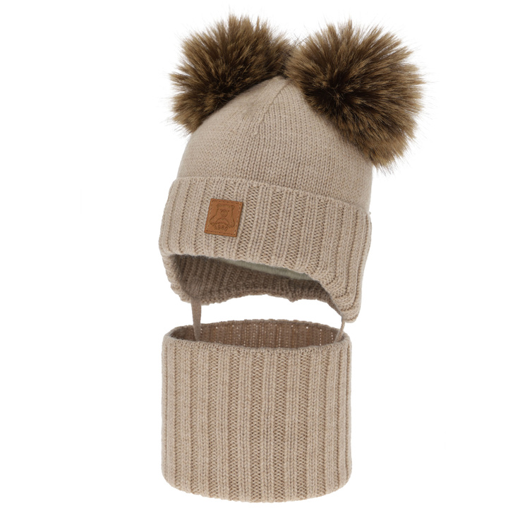 Czapka i komin dla chłopca, zimowy komplet, beżowy, 100% wełniany merino, podszyty polarem wełnianym, Ronik