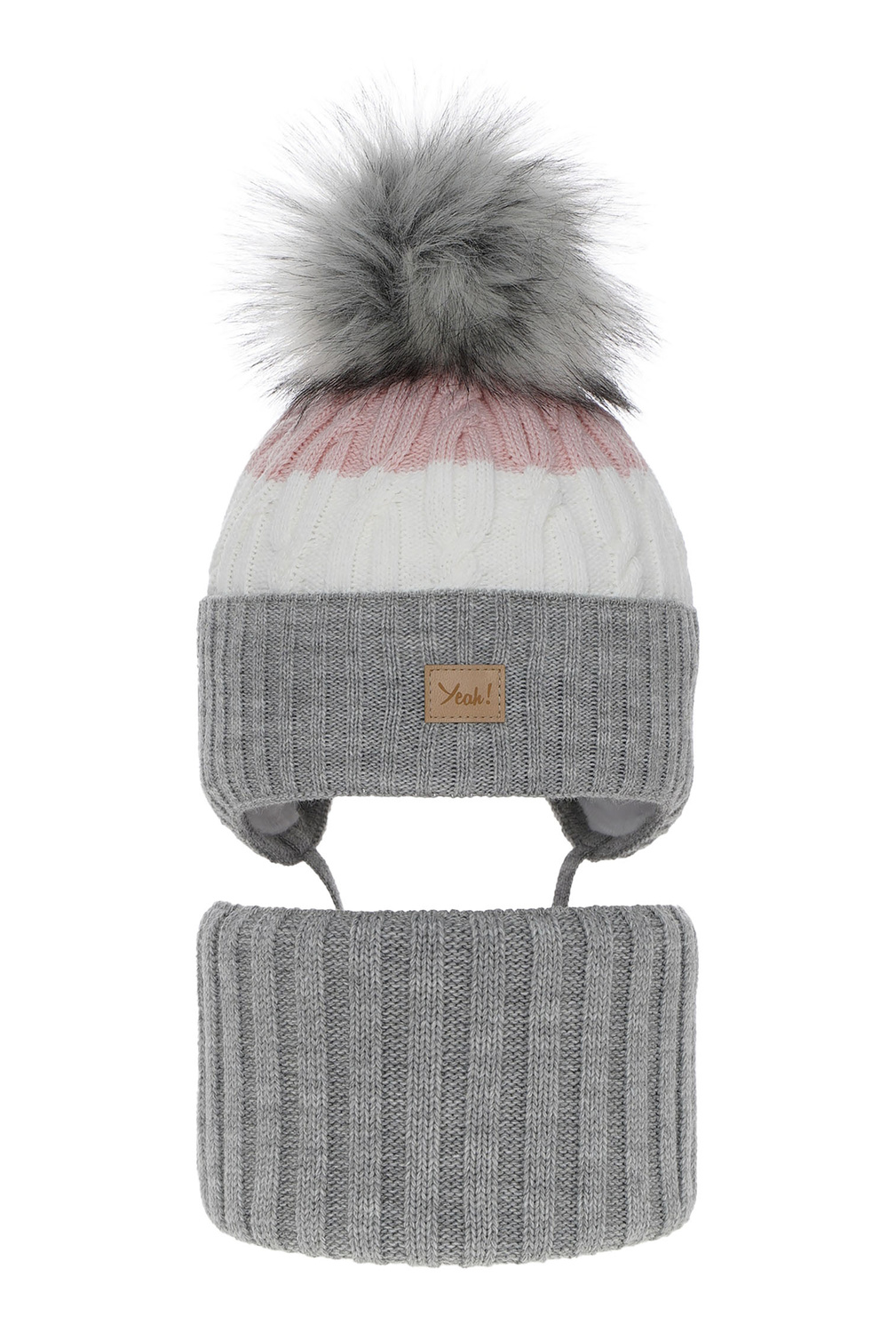 Czapka i komin dla dziewczynki zimowy komplet, szary, z pomponem Riviera