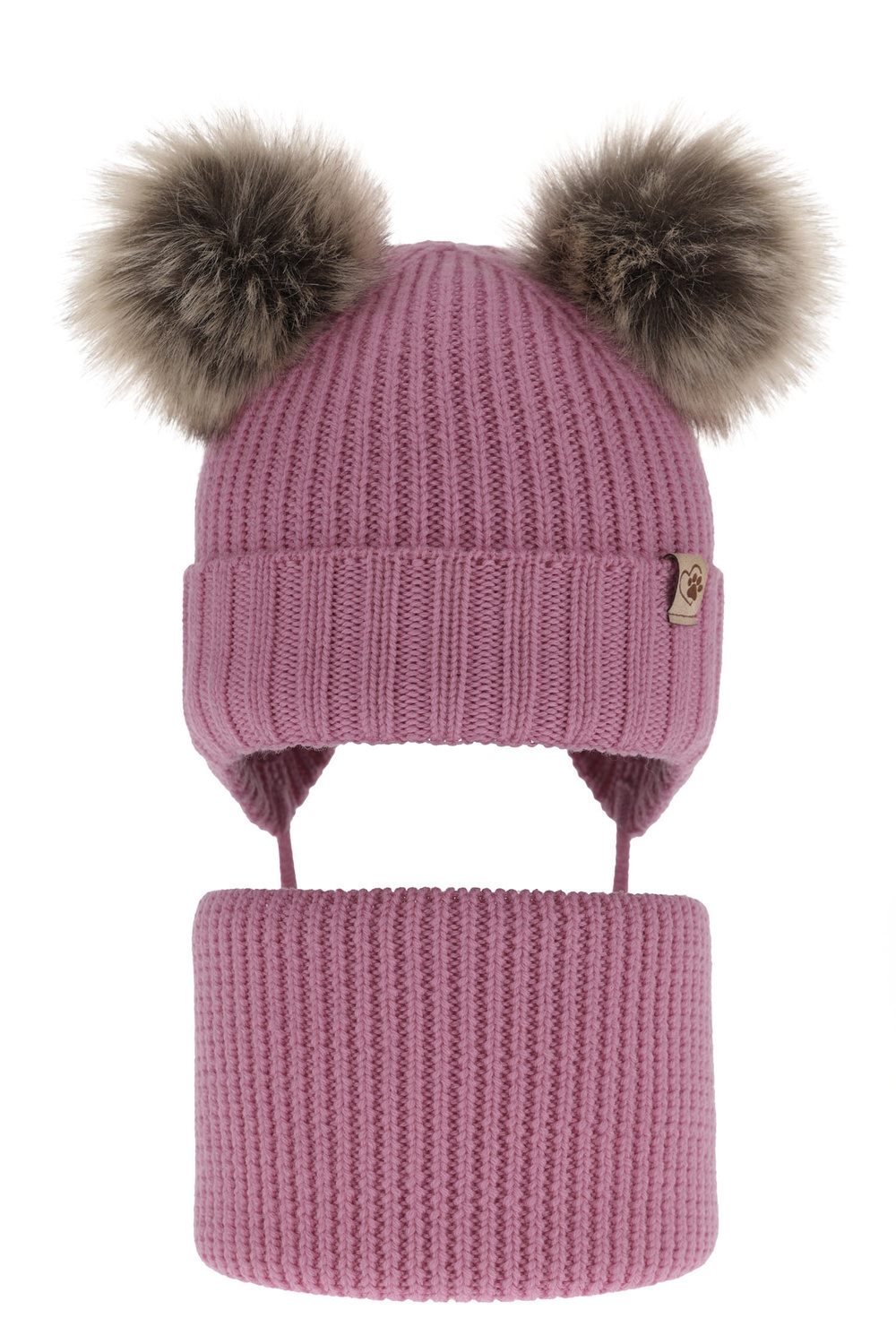 Czapka i komin dla dziewczynki zimowy komplet, fioletowy, wiązany, 100% wełniany merino, z dwoma pomponami Silvia