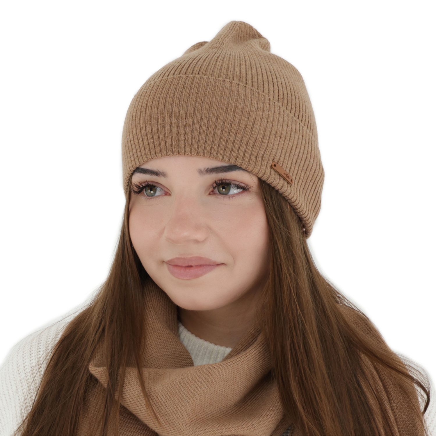 Czapka jesienna, zimowa damska, camel, 100% wełniana merino, Flerra