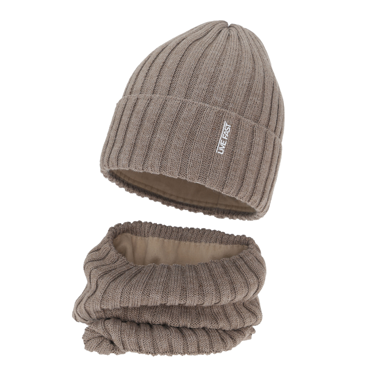 Czapka i komin dla chłopca zimowy komplet, beżowy, z wełną merino, podszyty polarem Banasko