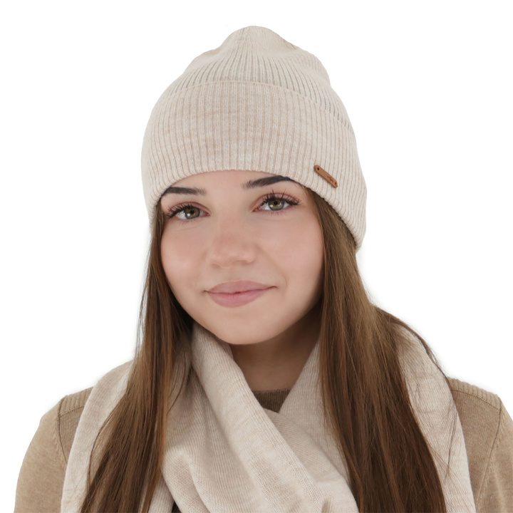 Czapka jesienna, zimowa damska, beżowa, 100% wełniana merino, Flerra