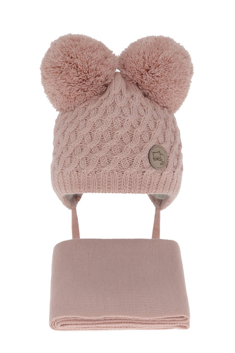 Czapka i szalik dla dziewczynki zimowy komplet, różowy, z dwoma pomponami, wiązany Anava