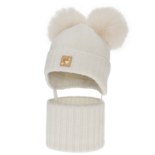 Czapka i komin dla dziewczynki, zimowy komplet, biały, 100% wełniany merino, podszyty polarem wełnianym, Ronia
