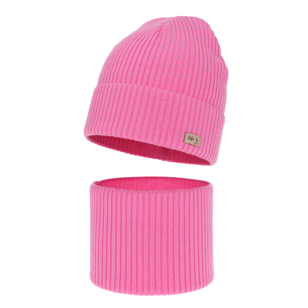 Czapka i komin dla dziewczynki jesienny, wiosenny komplet, różowy, 100% wełniany merino Itra