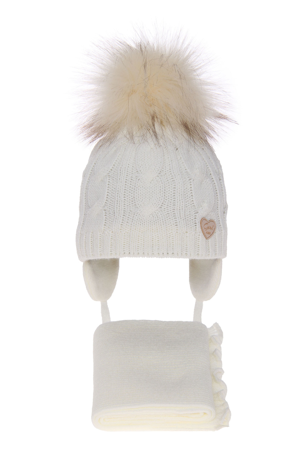 Czapka i szalik dla dziewczynki zimowy komplet, kremowy, z pomponem Morena