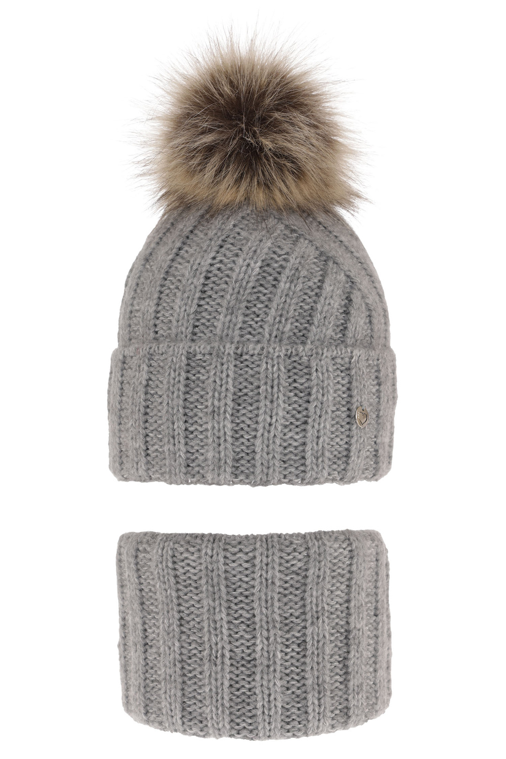 Czapka i komin dla dziewczynki zimowy komplet, szary, z pomponem Polaris