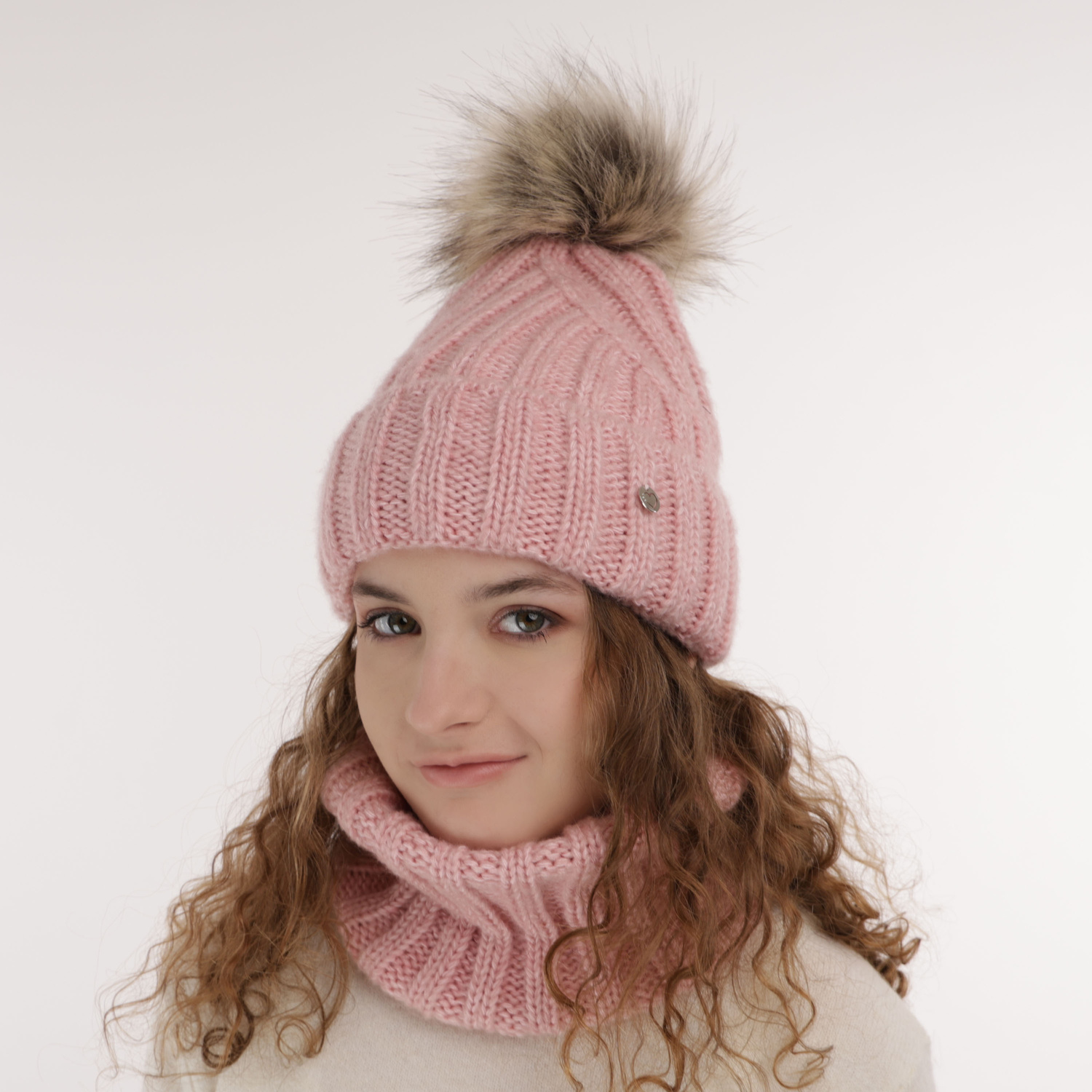 Czapka i komin dla dziewczynki zimowy komplet, szary, z pomponem Polaris