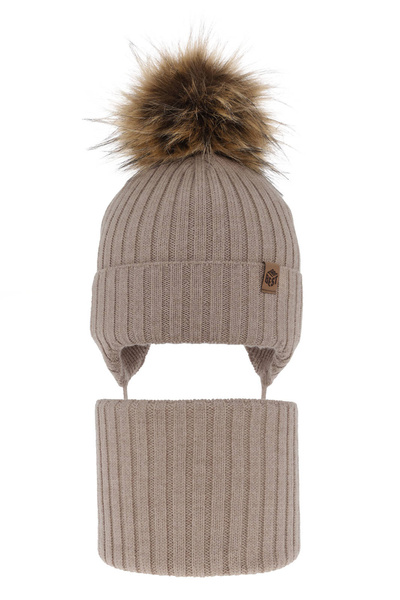 Czapka i komin dla chłopca zimowy komplet, beżowy, 100% wełniany merino, wiązany Juno