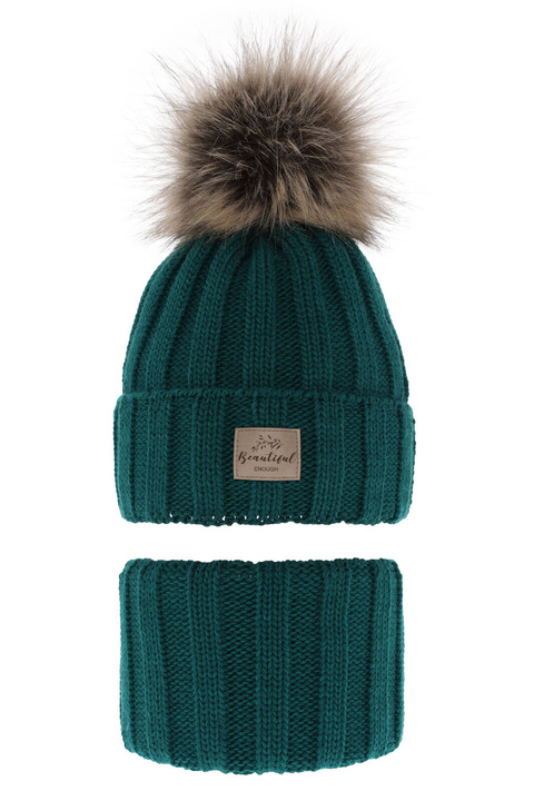 Czapka i komin dla dziewczynki zimowy komplet, szmaragdowy, z pomponem Kaliope