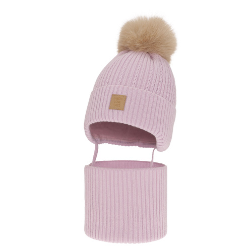 Czapka i komin dla dziewczynki zimowy komplet, liliowy, z pomponem Betty
