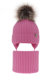 Czapka i komin dla dziewczynki zimowy komplet, różowy, 100% wełniany merino, wiązany Junika