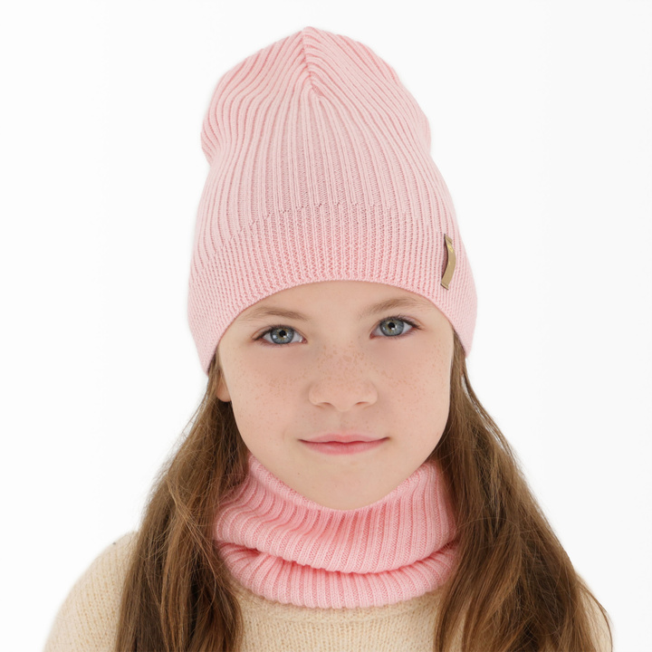 Czapka i komin dla dziewczynki jesienny, wiosenny komplet, różowy, 100% wełniany merino Chelsie