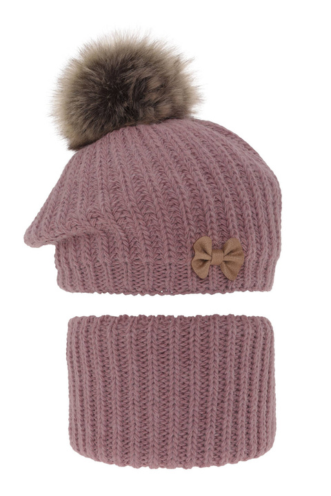 Beret i komin dla dziewczynki zimowy komplet, wrzosowy, z pomponem Polinezja