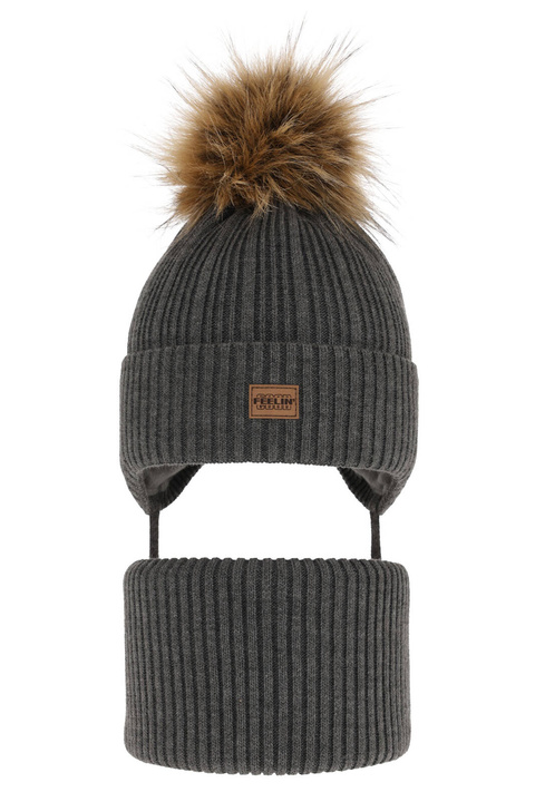 Czapka i komin dla chłopca zimowy komplet, szary, z pomponem Eger