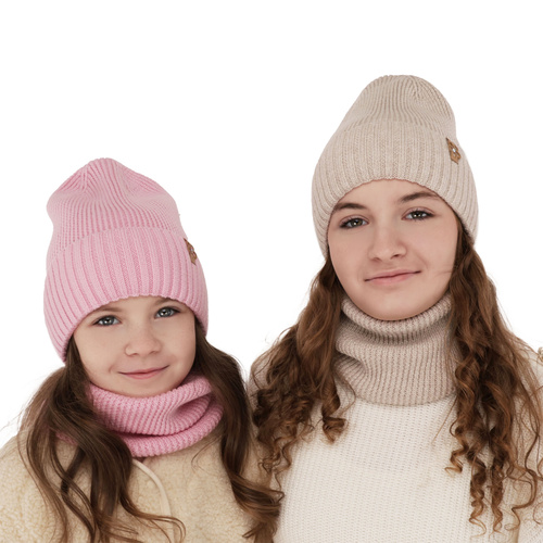 Czapka i komin dla dziewczynki zimowy komplet, beżowy, 100% wełniana merino Nelita
