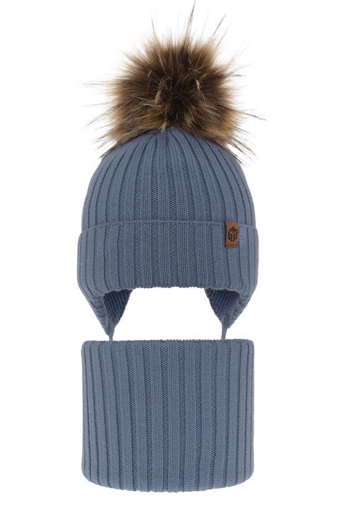 Czapka i komin dla chłopca zimowy komplet, jasnoniebieski, wiązany, 100% wełniany merino Juno
