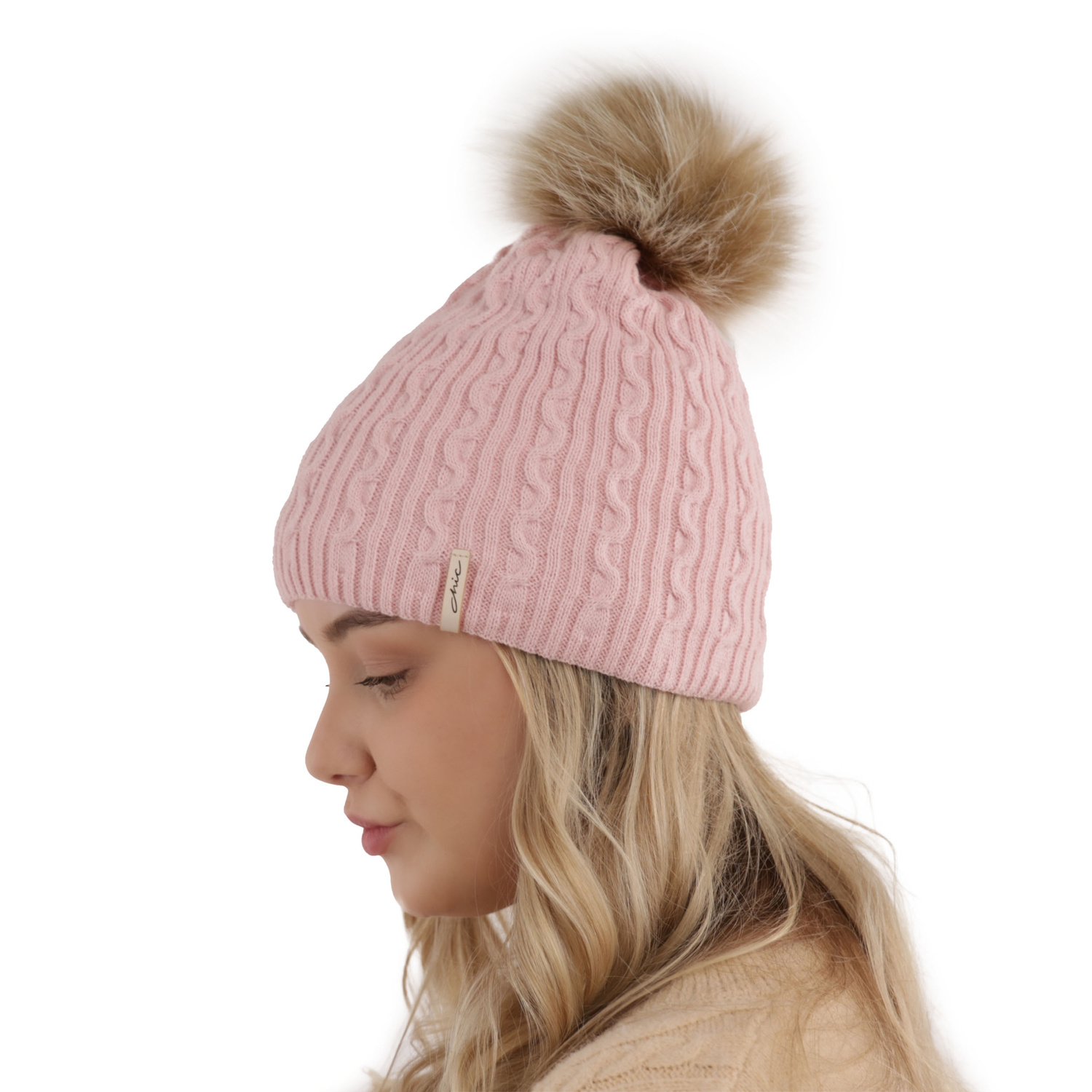 Czapka zimowa damska, różowa, z pomponem Xena
