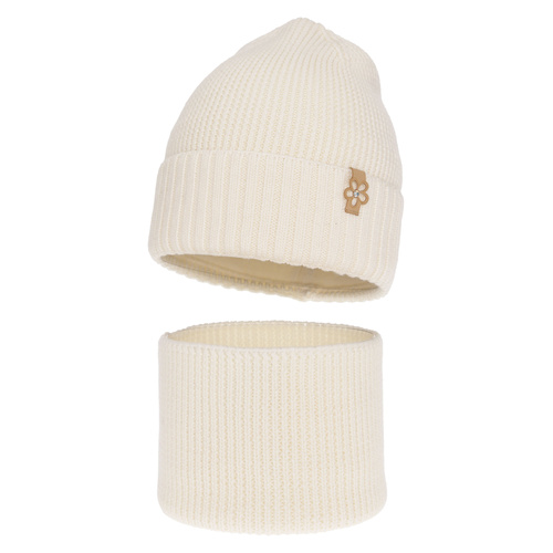 Czapka i komin dla dziewczynki zimowy komplet, kremowy, 100% wełniany merino Nelita