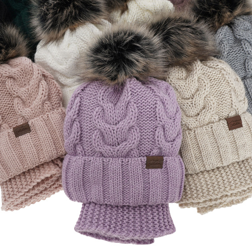 Czapka i komin dla dziewczynki zimowy komplet, wrzosowy, z pomponem Torina