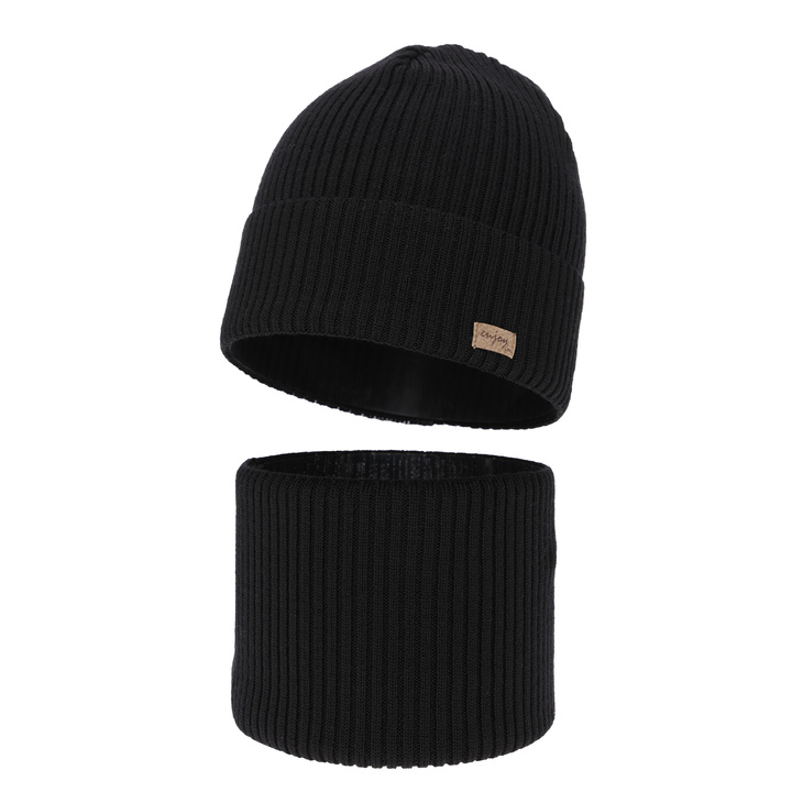 Czapka i komin dla chłopca jesienny, wiosenny komplet, czarny, 100% wełniany merino Intro
