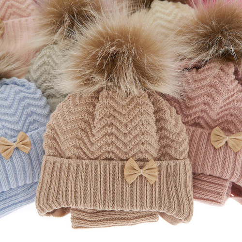 Czapka i komin dla dziewczynki zimowy komplet, kremowy, z pomponem Chloe