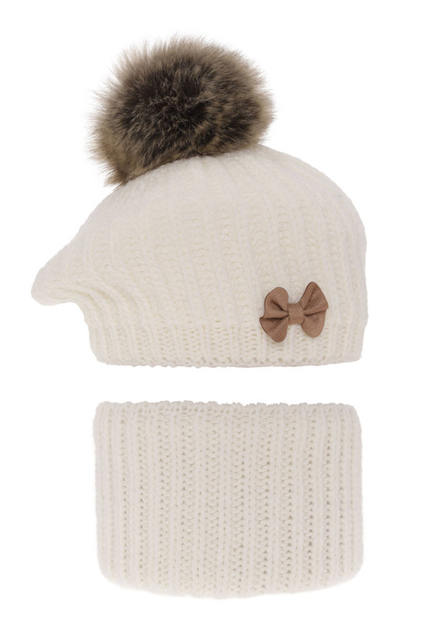 Beret i komin dla dziewczynki zimowy komplet, kremowy, z pomponem Polinezja