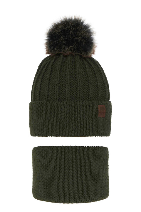 Czapka i komin dla chłopca zimowy komplet, khaki, z pomponem Havier