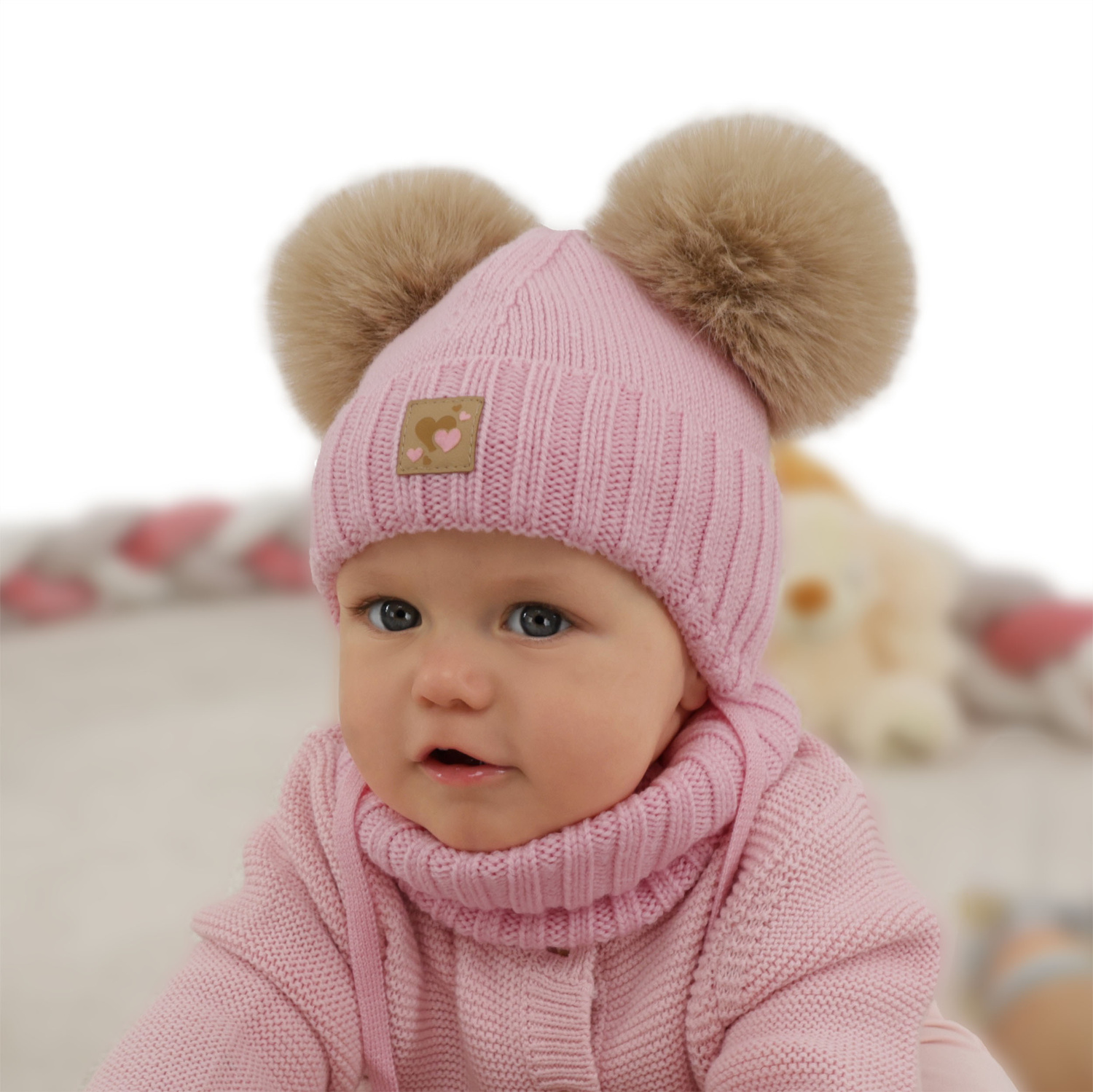 Czapka i komin dla dziewczynki, zimowy komplet, kremowy, 100% wełniany merino, podszyty polarem wełnianym, Ronia