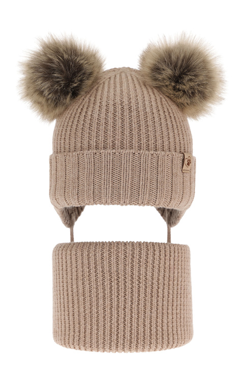 Czapka i komin dla dziewczynki zimowy komplet, beżowy, 100% wełniana merino, wiązany, z dwoma pomponami Silvia