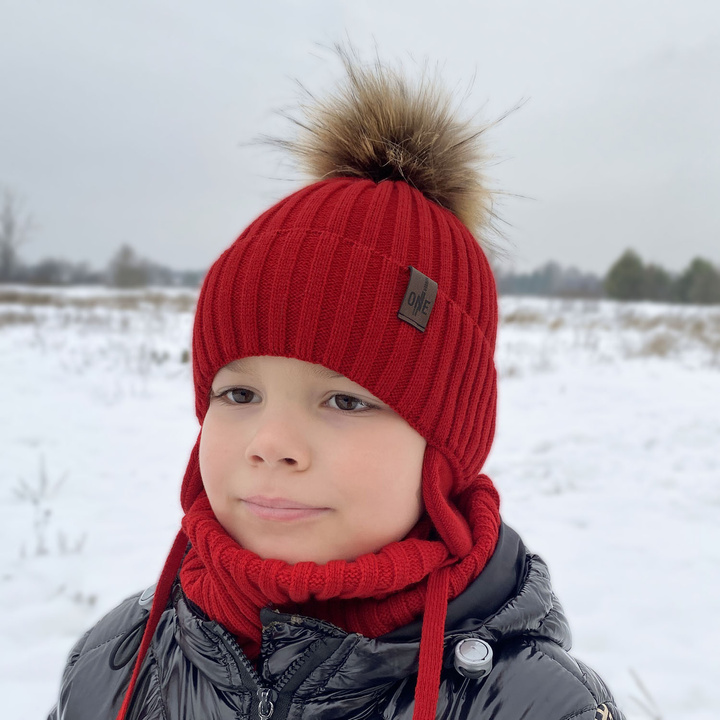Czapka i komin dla chłopca zimowy komplet, brązowy, z pomponem Puzel