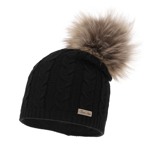 Czapka zimowa damska, czarna, z wełną merino, Bafi