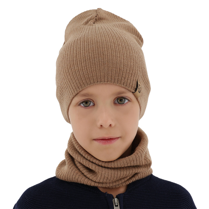 Czapka i komin dla chłopca jesienny, wiosenny komplet, camel, 100% wełniany merino Richi