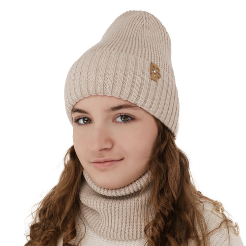 Czapka i komin dla dziewczynki zimowy komplet, amarantowy, 100% wełniana merino Nelita
