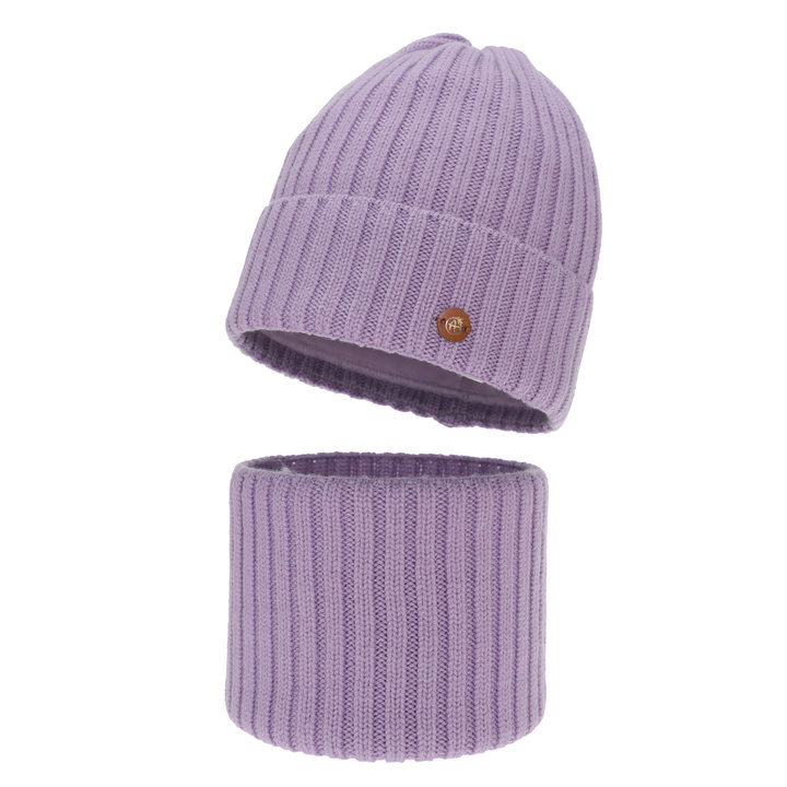 Czapka i komin dla dziewczynki zimowy komplet, fioletowy, 100% wełniany merino, podszyty bawełną Vanira