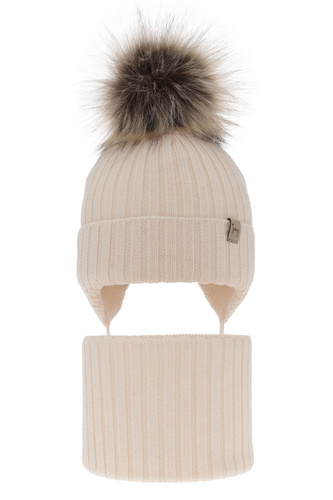 Czapka i komin dla dziewczynki zimowy komplet, jasnobeżowy, wiązany, 100% wełniany merino, z pomponem Junika