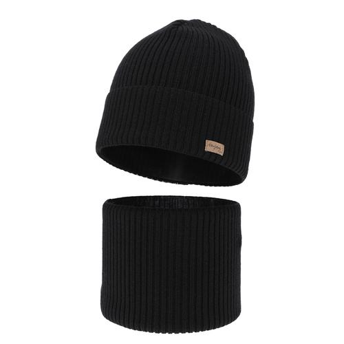 Czapka i komin dla chłopca jesienny, wiosenny komplet, czarny, 100% wełniany merino Intro