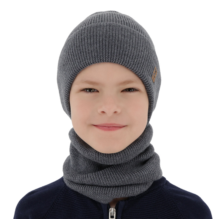 Czapka i komin dla chłopca jesienny, wiosenny komplet, ciemnoszary, 100% wełniany merino Bruce