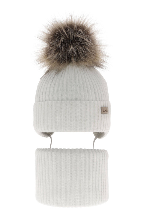 Czapka i komin dla dziewczynki zimowy komplet, biały, wiązany, z pomponem Bria