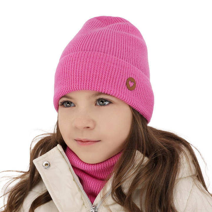 Czapka i komin dla dziewczynki jesienny, wiosenny komplet, różowy, 100% wełniany merino Brook