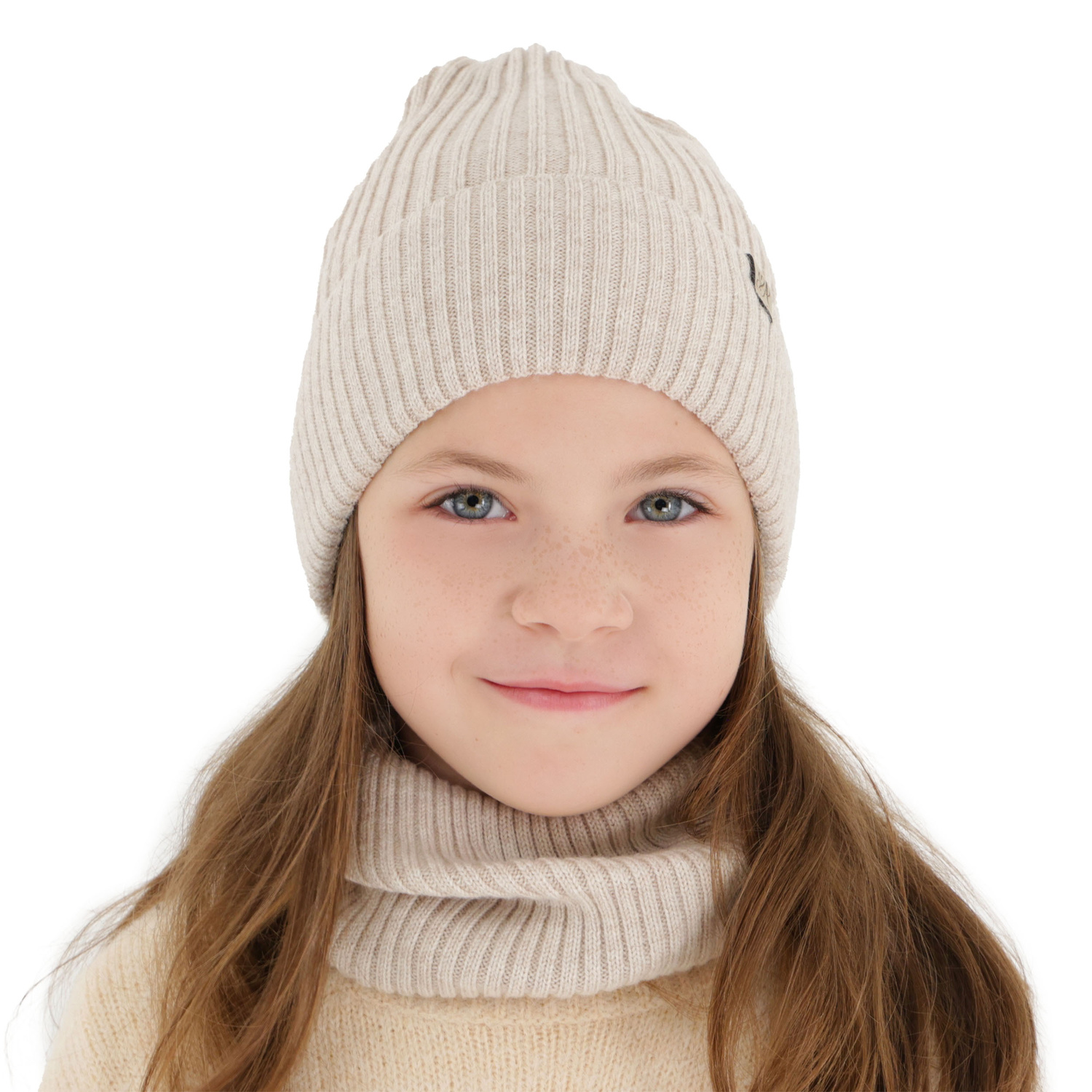 Czapka i komin dla dziewczynki, zimowy komplet, beżowy, 100% wełniany merino, Patricia