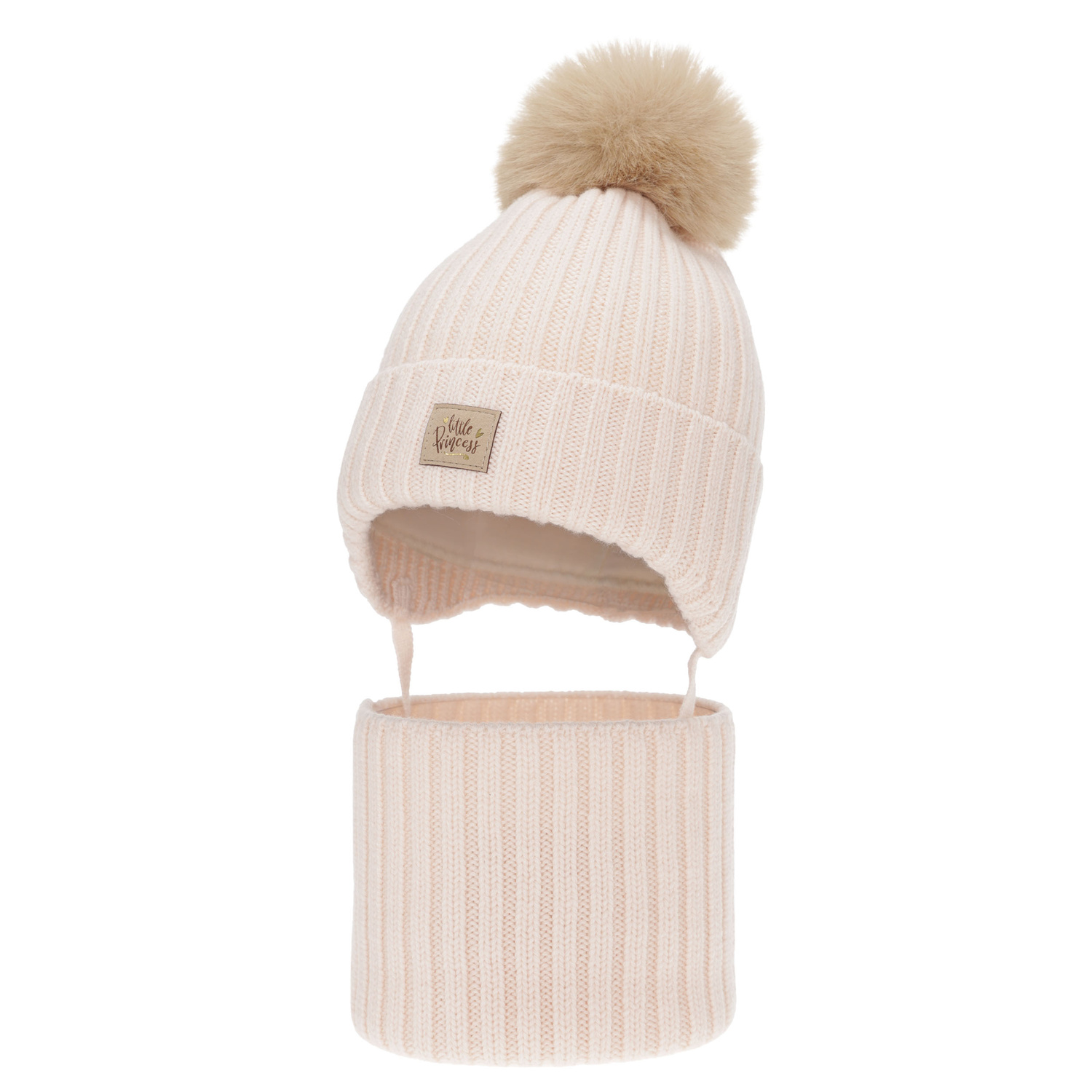 Czapka i komin dla dziewczynki, zimowy komplet, jasnoróżowy, 100% wełniany merino, wiązany, podszyty bawełną, Malesia