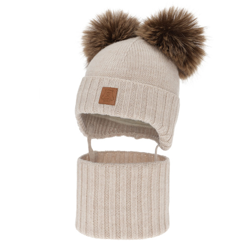 Czapka i komin dla chłopca, zimowy komplet, jasnobeżowy, 100% wełniany merino, podszyty polarem wełnianym, Ronik