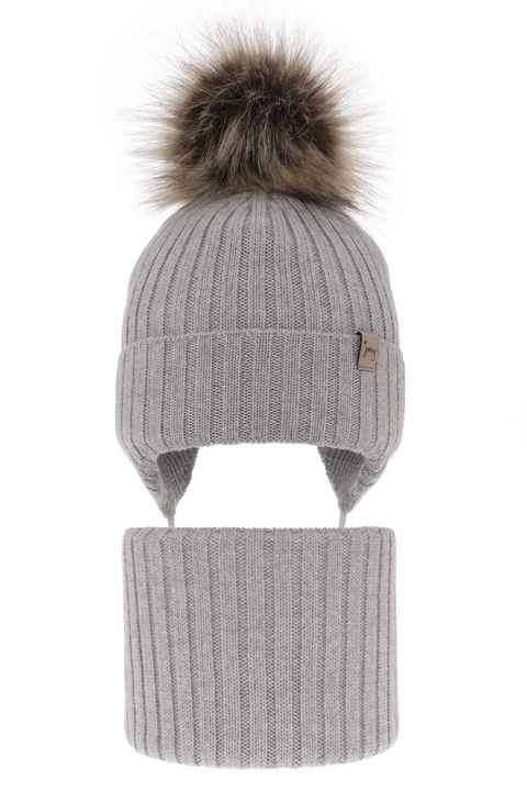 Czapka i komin dla dziewczynki zimowy komplet, szary, 100% wełniany merino, wiązany Junika