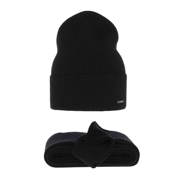 Czapka i szalik damski zimowy komplet, czarny, 100% wełniany merino Melpomena