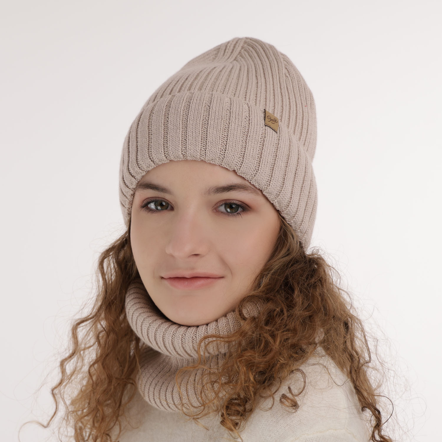 Czapka i komin dla dziewczynki zimowy komplet, camel, wełniany merino Mesalia